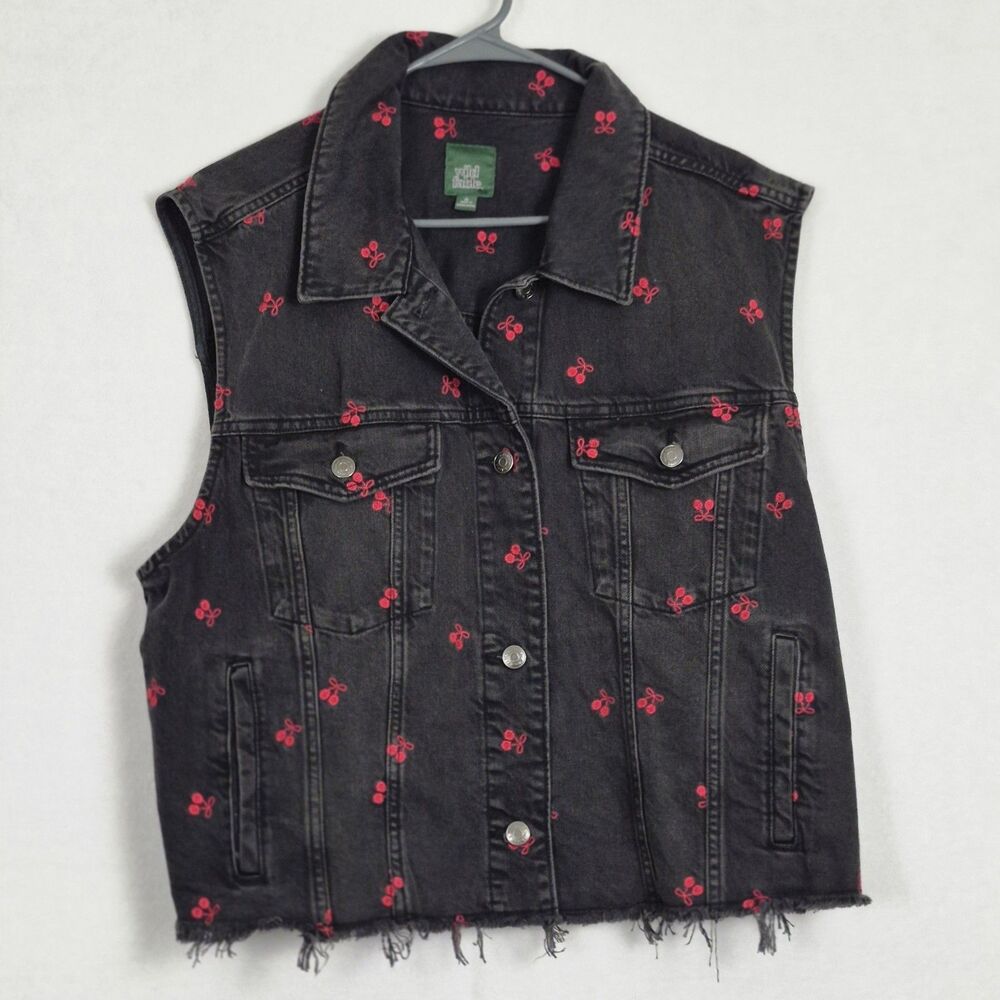 NWOT Wild Fable Women's XL Denim Oversized Trucker Vest Black Red Cherry